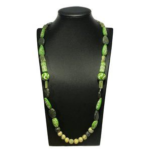 Vintage Handmade Serpentine and Green and White African Clay Bead Necklace